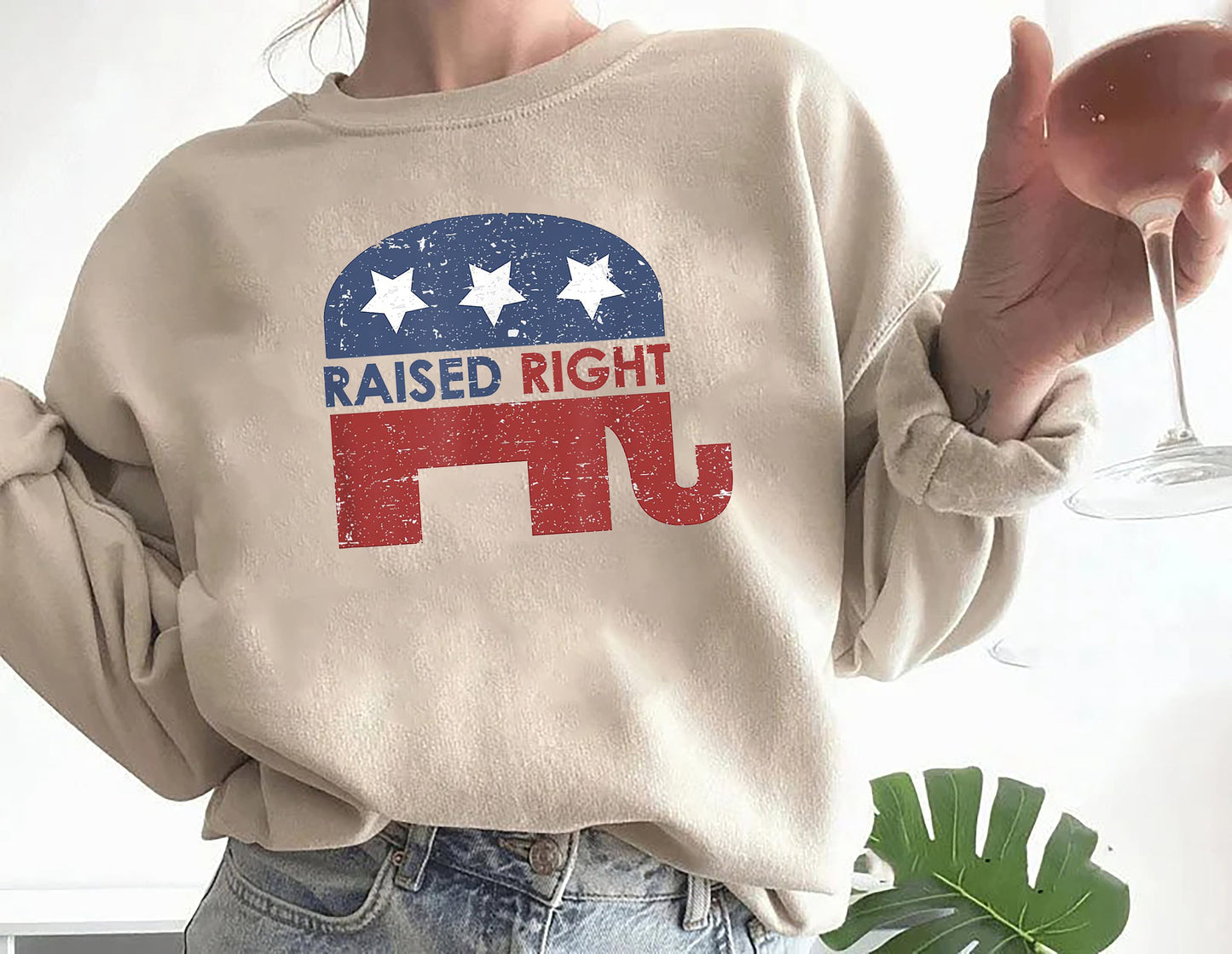 Raised Right Republican Elephant Pro America Conservative Sweatshirt Republican Gifts for Conservative Woman Men Republican Sweatshirt