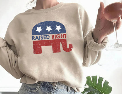 Raised Right Republican Elephant Pro America Conservative Sweatshirt Republican Gifts for Conservative Woman Men Republican Sweatshirt