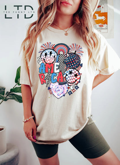 Retro 4th of July Shirt, 4th of July sublimation Shirt, retro smiley face Shirt, America lightning bolt Shirt, Independence Day Shirt, USA Shirt