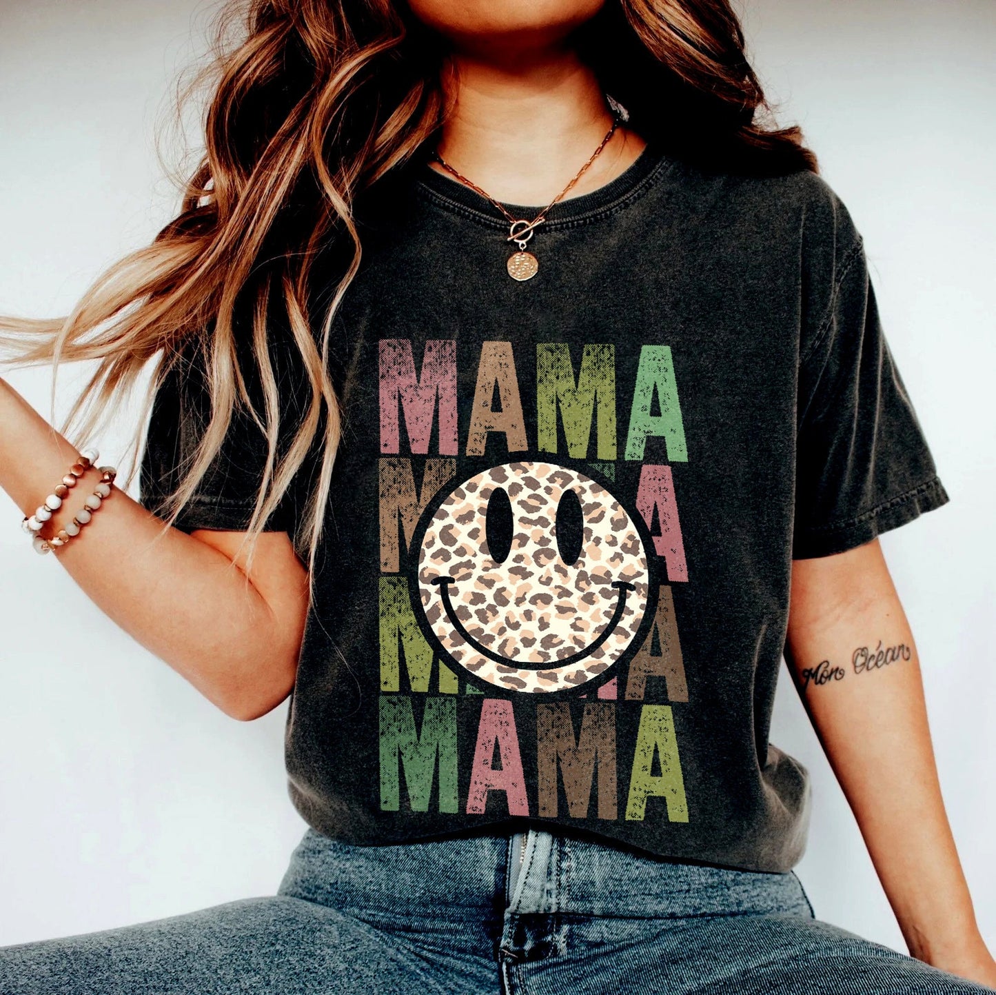 Léine Tee Retro Mama, Léine Mam Smiley Face, Bronntanas Lá na Máthar, Léine Leopard Mama, Léine Nua Mam, Bronntanas Mam ó Leanaí, T-léine Mama Seanré