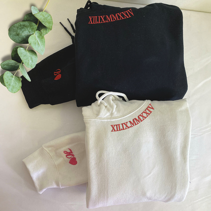 Roman Numerals on Neckline Sweatshirt or Hoodie, Custom Embroidered His And Hers Valentine's Day Gifts