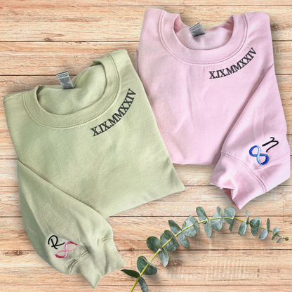 Roman Numerals on Neckline Sweatshirt or Hoodie, Custom Embroidered His And Hers Valentine's Day Gifts