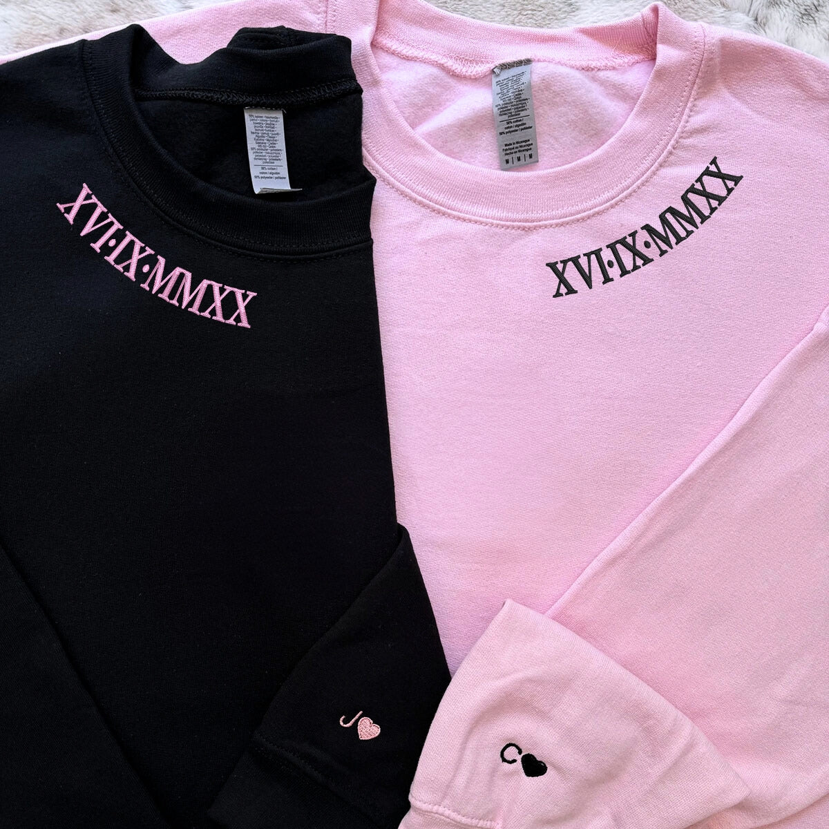 Roman Numerals on Neckline Sweatshirt or Hoodie, Custom Embroidered His And Hers Valentine's Day Gifts