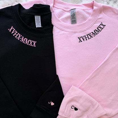 Roman Numerals on Neckline Sweatshirt or Hoodie, Custom Embroidered His And Hers Valentine's Day Gifts