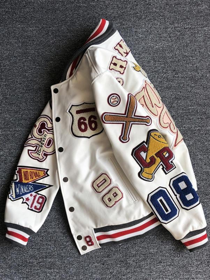 Bróidnéireacht Nua Unisex Harajuku Patchwork PU Cóta Jacket Leathar Hip Hop na mBan Earraigh Muinchille Fada Fhómhair Éadaí Seaicéad Mná