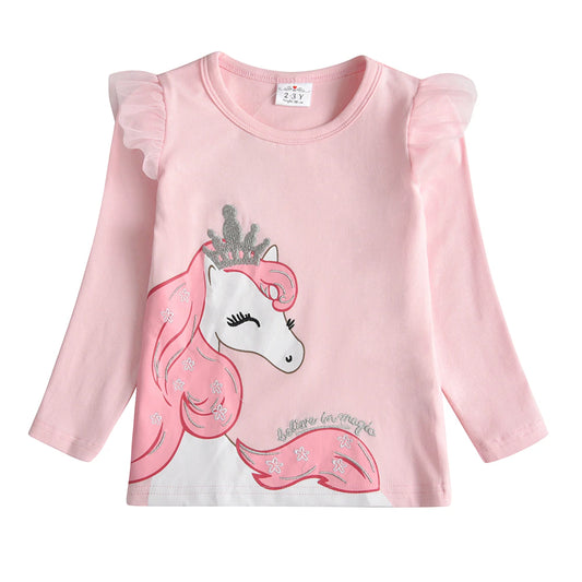 Kids Unicorn Cartoon T Shirt Girls Clothes Long Sleeve Tee Spring Casual Wear Tops Toddlers Pink Tees Children Clothing