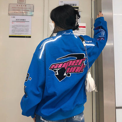 Retro Racing Jacket Women Men Embroidery Bomber Varsity Jackets Unisex Loose Motorcycle Baseball Coat Streetwear Outwear New