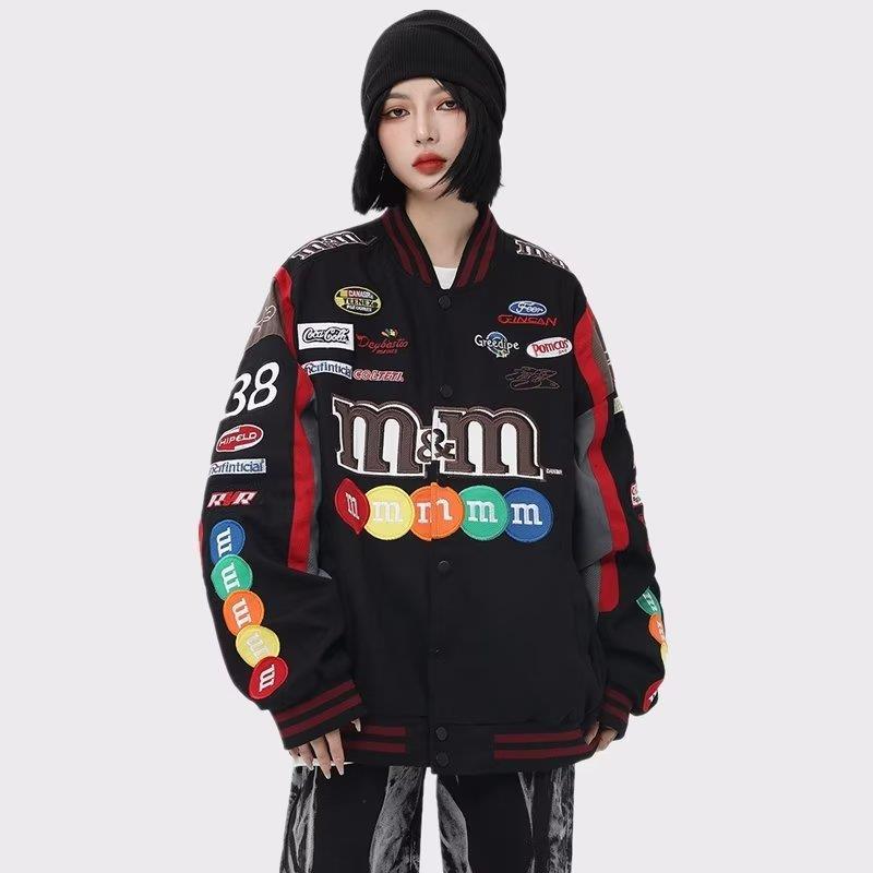 Hip Hop Men Harajuku Jacket Embroidery M Letter Print Varsity  Racing Jackets Women Vintage Patch College Oversized Coat Couple