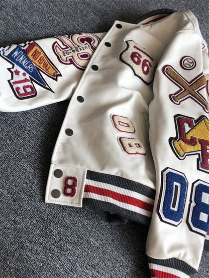Bróidnéireacht Nua Unisex Harajuku Patchwork PU Cóta Jacket Leathar Hip Hop na mBan Earraigh Muinchille Fada Fhómhair Éadaí Seaicéad Mná