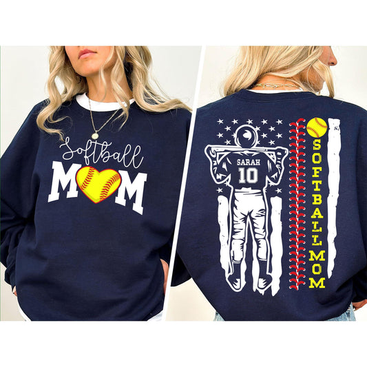 Softball Mom Sweatshirt, Custom Name and Number Softball Shirt, Mother's Day Gift, Game Day Softball Shirt, Gif for Mom, Mom Birthday Gift