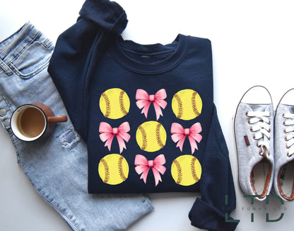 Softball Coquette Bow Sweatshirt, Cute Softball Crewneck, Softball Sweatshirt, Softball Sweatshirt For Mom, Softball Outfit, Softball Gift