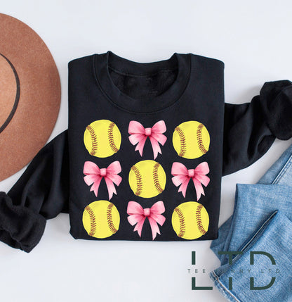 Softball Coquette Bow Sweatshirt, Cute Softball Crewneck, Softball Sweatshirt, Softball Sweatshirt For Mom, Softball Outfit, Softball Gift
