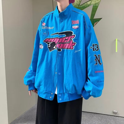 Retro Racing Jacket Women Men Embroidery Bomber Varsity Jackets Unisex Loose Motorcycle Baseball Coat Streetwear Outwear New