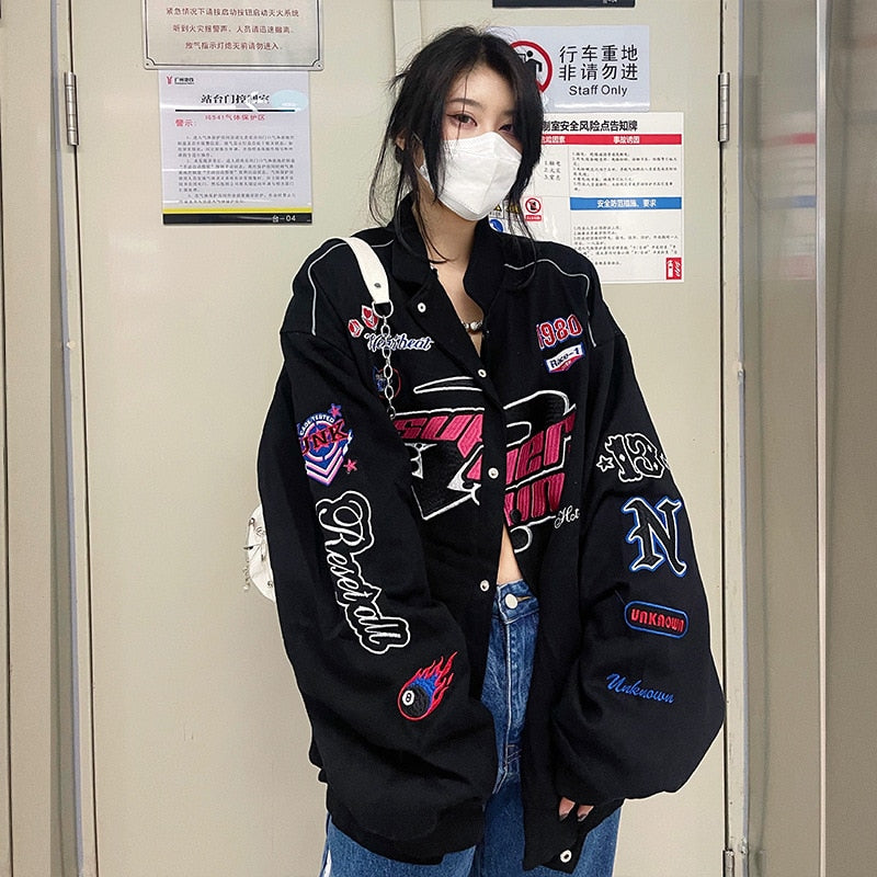 Retro Racing Jacket Women Men Embroidery Bomber Varsity Jackets Unisex Loose Motorcycle Baseball Coat Streetwear Outwear New