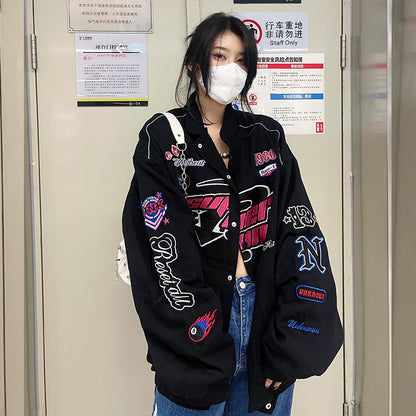 Retro Racing Jacket Women Men Embroidery Bomber Varsity Jackets Unisex Loose Motorcycle Baseball Coat Streetwear Outwear New