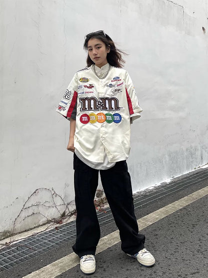 American Retro Embroidery Baseball Shirt Harajuku Hip Hop Short Sleeve Shirts Casual Fashion Uniform Shirt Vintage Streetwear