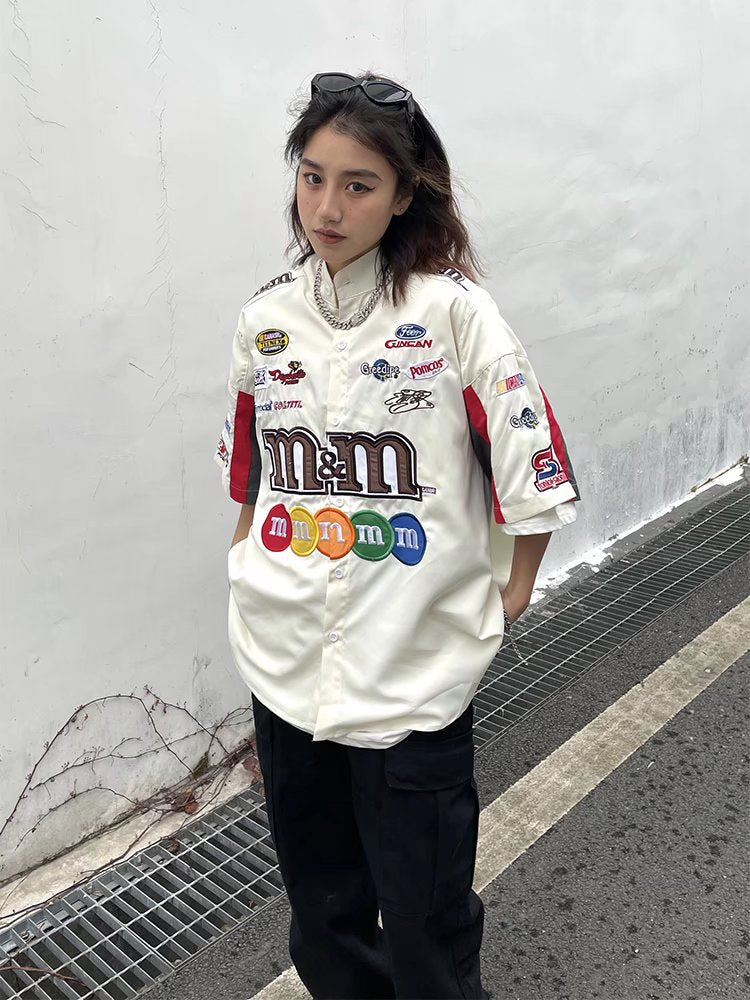 American Retro Embroidery Baseball Shirt Harajuku Hip Hop Short Sleeve Shirts Casual Fashion Uniform Shirt Vintage Streetwear