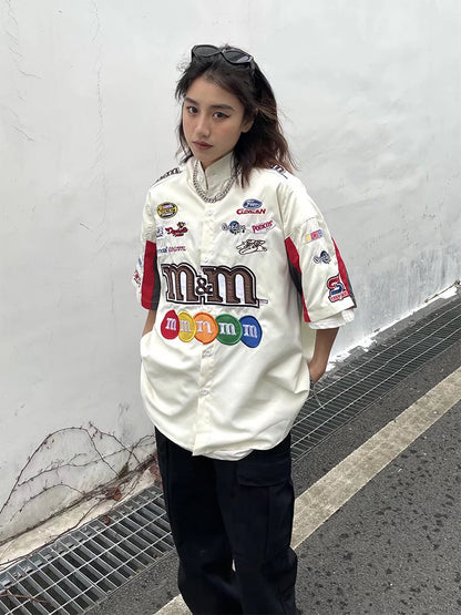 American Retro Embroidery Baseball Shirt Harajuku Hip Hop Short Sleeve Shirts Casual Fashion Uniform Shirt Vintage Streetwear