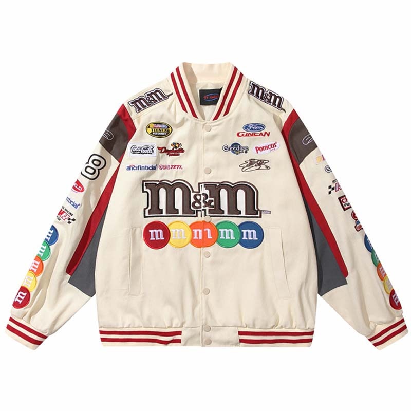 Hip Hop Men Harajuku Jacket Embroidery M Letter Print Varsity  Racing Jackets Women Vintage Patch College Oversized Coat Couple