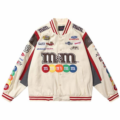 Hip Hop Men Harajuku Jacket Embroidery M Letter Print Varsity  Racing Jackets Women Vintage Patch College Oversized Coat Couple