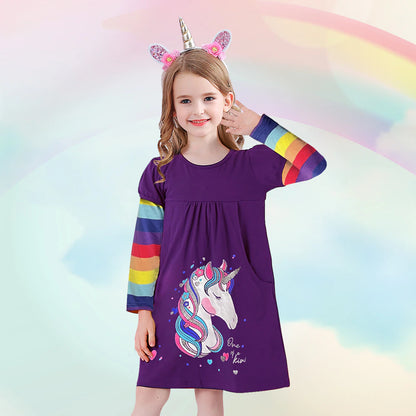 Gúna Páistí do Chailíní Fómhar Geimhreadh Muinchille Fada Gúna Cadás Rainbow Unicorn Cartún Priontáil Caith Éadaí Leanaí
