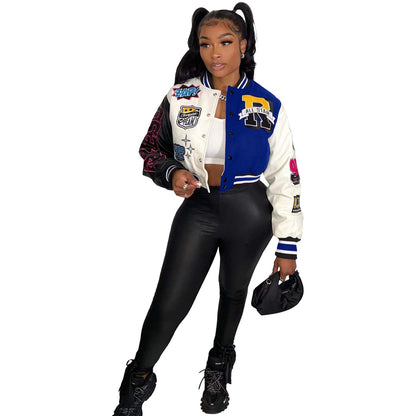 Mná Splicing Dath Codarsnachta Seaicéid Gearr Mná Y2K Cóta Baseball Cíche Aonair Cropped 2023 Earraigh Jackets Éadaí Sráide