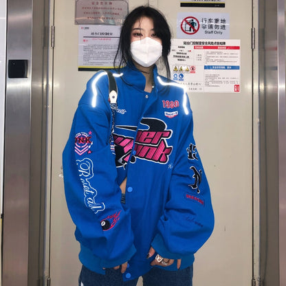 Retro Racing Jacket Women Men Embroidery Bomber Varsity Jackets Unisex Loose Motorcycle Baseball Coat Streetwear Outwear New