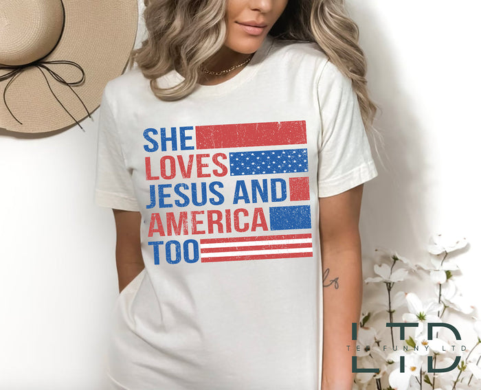 She Loves Jesus And America Too Shirt, Jesus Lover America Tee, Happy 4th of July T-shirt, Christian 4th Of July Shirt, Jesus Independence Day