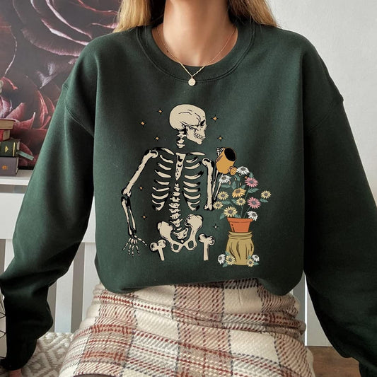 Skeleton Watering Flowers Crewneck Sweatshirt, Cute Gardening Shirt for Plant Lovers, Skeleton Graphic Sweathirt, Plant Gift,Plant Lover Mom