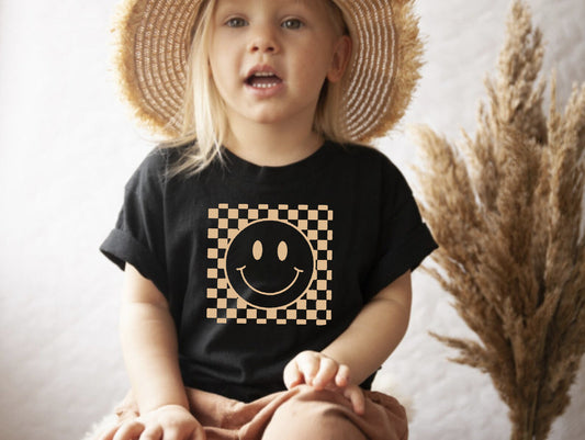 Léine Páistí Smiley Checkered I Buachaill Lapánach Trendy , Léinte cailín , Tees Retro Grafaic Leanaí , Léine Gleoite Cailín Lapadán , Léine Leanbh Smiley Face