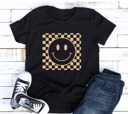 Léine Páistí Smiley Checkered I Buachaill Lapánach Trendy , Léinte cailín , Tees Retro Grafaic Leanaí , Léine Gleoite Cailín Lapadán , Léine Leanbh Smiley Face