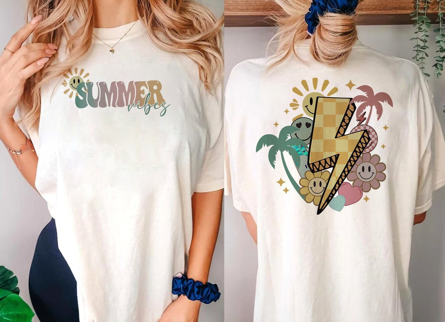 Tee Samhraidh, Vibes Samhraidh Spraoi i Sunglasses, Samhradh le Crainn Palm Dearadh ar léine unisex préimhe, 4 rogha dath, 3x samhradh, 4x tee samhraidh