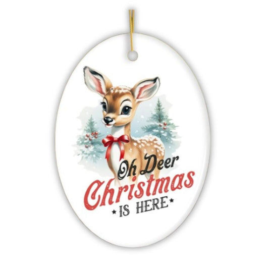 Oh Deer Christmas is Here Vintage Christmas Ornament, Baby Reindeer Charming Retro Tree Decoration
