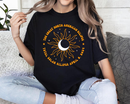 Eclipse Gréine Iomlán Mheiriceá Thuaidh 8 Aibreán 2024 Léine, Léine Gréine Eclipse 2024, Léine Réalteolaíocht Eclipse Gréine, Tee Imeachta Eclipse