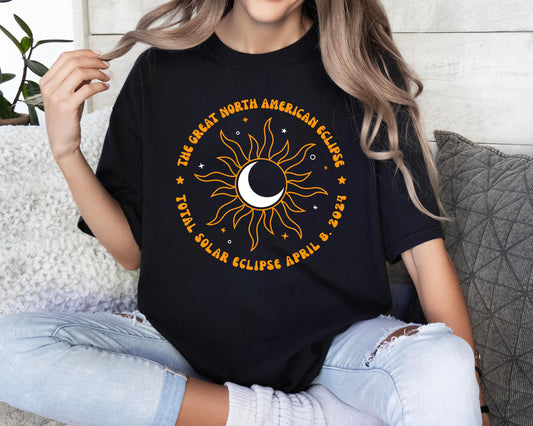 Eclipse Gréine Iomlán Mheiriceá Thuaidh 8 Aibreán 2024 Léine, Léine Gréine Eclipse 2024, Léine Réalteolaíocht Eclipse Gréine, Tee Imeachta Eclipse