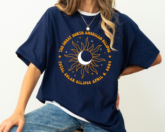 Eclipse Gréine Iomlán Mheiriceá Thuaidh 8 Aibreán 2024 Léine, Léine Gréine Eclipse 2024, Léine Réalteolaíocht Eclipse Gréine, Tee Imeachta Eclipse