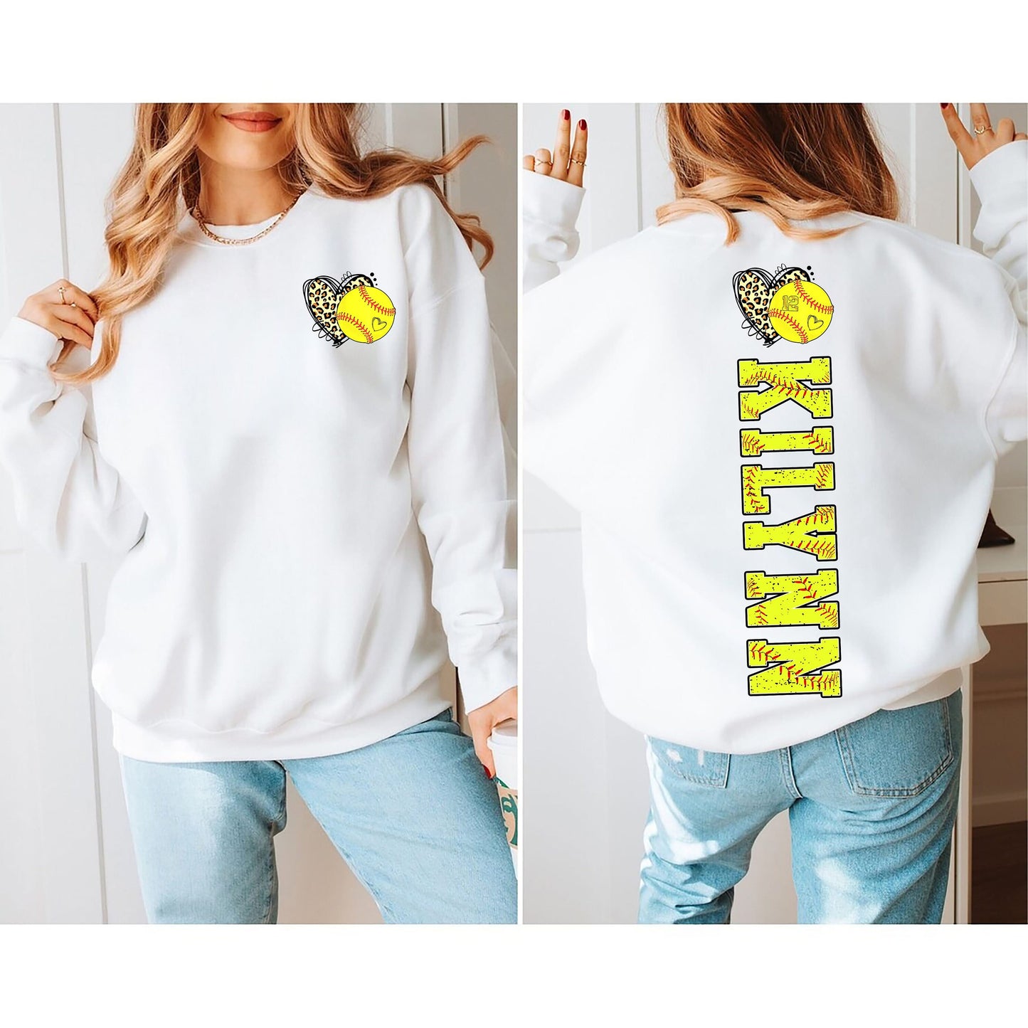 Two-sided Softball sweatshirt With Custom Number And Name, Sports Shirt, Softball Mom Tee, Personalized Softball Gifts, Softball Team Shirt