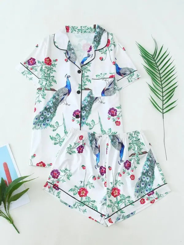 Two-piece Set Women's All Over Bird & Floral Print Lapel Neck Pocket Shirt & Elastic Waist Pants Pajama, Casual Comfy Short Sleeve Button Up Top & Trousers Set, Ladies Summer Sleepwear, Pajama Set