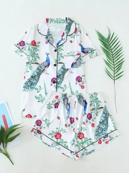 Two-piece Set Women's All Over Bird & Floral Print Lapel Neck Pocket Shirt & Elastic Waist Pants Pajama, Casual Comfy Short Sleeve Button Up Top & Trousers Set, Ladies Summer Sleepwear, Pajama Set