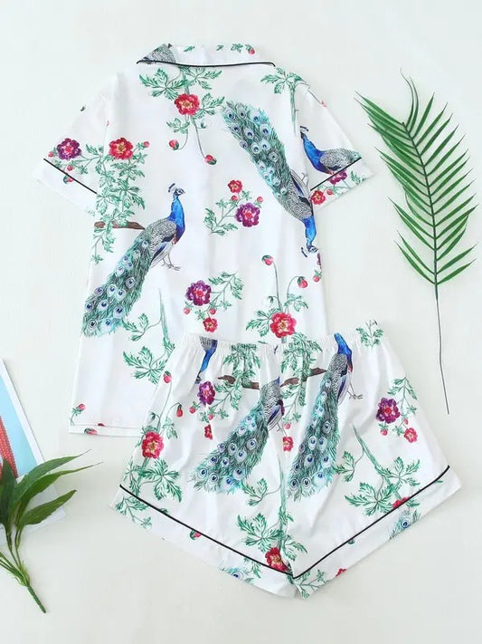 Two-piece Set Women's Cartoon Animal Print Lapel Neck Button Front Pocket Pajama, Cute Casual Comfy Short Sleeve Shirt & Elastic Waist Shorts Pajama Set, Ladies Sleepwear for All Seasons2.jpg