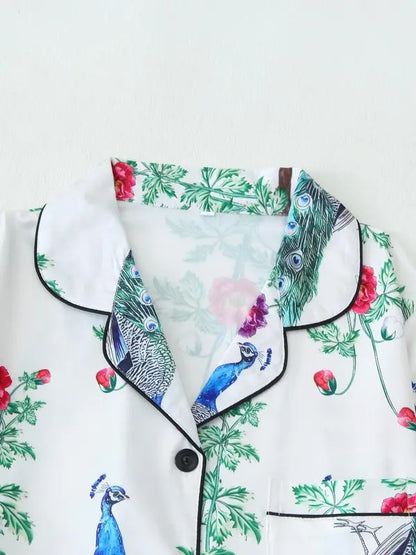 Two-piece Set Women's All Over Bird & Floral Print Lapel Neck Pocket Shirt & Elastic Waist Pants Pajama, Casual Comfy Short Sleeve Button Up Top & Trousers Set, Ladies Summer Sleepwear, Pajama Set