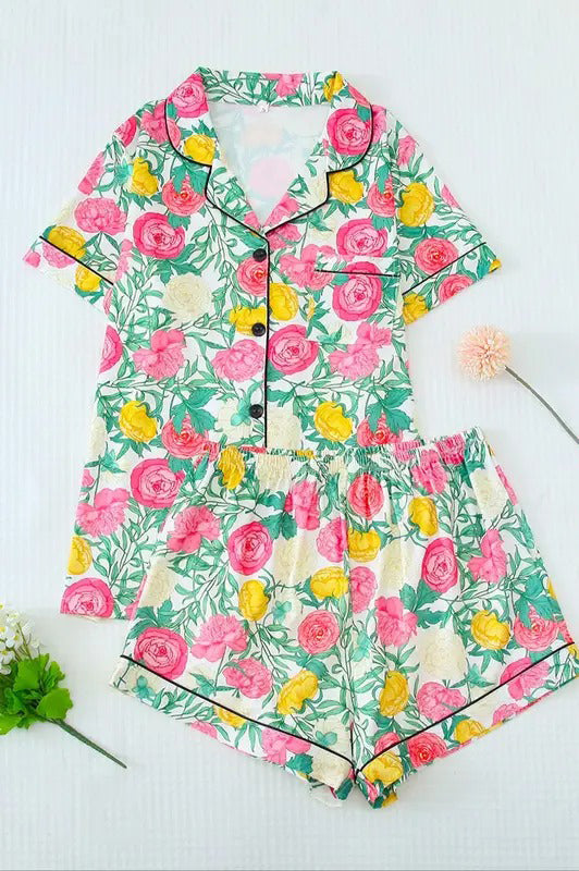 Two-piece Set Women's All Over Floral Print Button Front  Pocket Shirt & Shorts Pajama, Casual Comfy Short Sleeve Lapel Neck Top & Shorts Pajama Set, Ladies Sleepwear for All Seasons