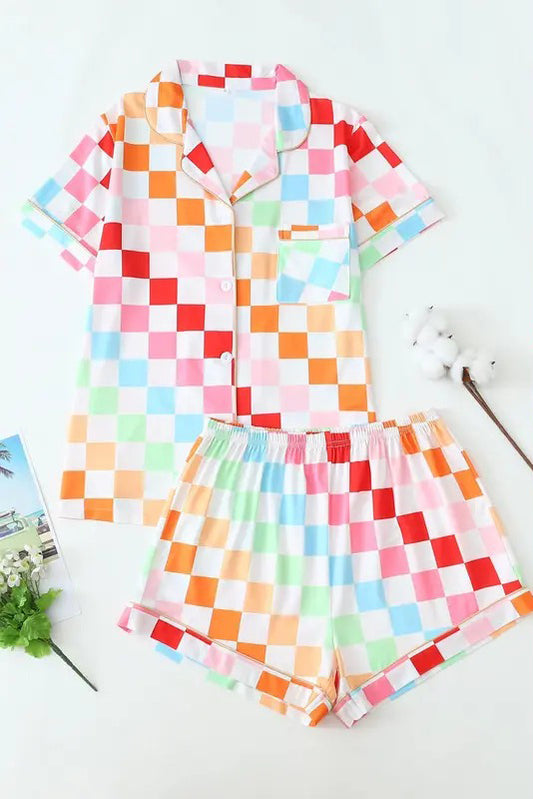 Two-Piece Set Women's All Over Goose Print Lapel Neck Pajama, Casual Comfy Short Sleeve Shirt & Elastic Waist Shorts Pajama Set, Ladies Sleepwear for All Seasons