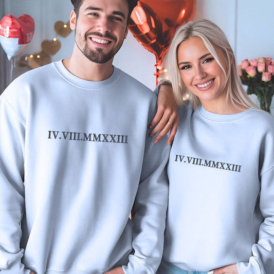 Unique Anniversary Gift for Couple with Embroidered Roman Numerals on Chest Sweatshirt or Hoodie