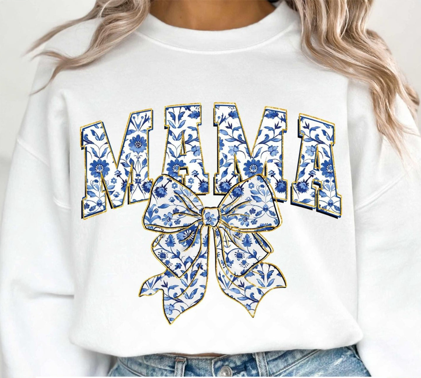 Mama Bow Sweatshirt, Mama Coquette Bow Shirt, Mom Shirt, Blue Flowers Mama Bow T-shirt