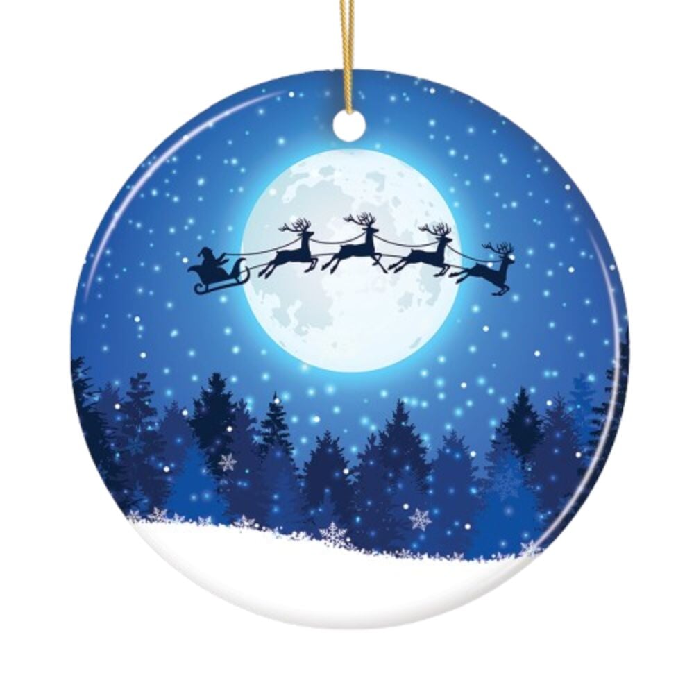 Santa Claus and Reindeer Silhouette over Full Moon Ornament, Nighttime Forest Snow Scene