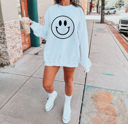 Geansaí Crewneck Aghaidh Vintage Look Smile, Cochaillíní Retro Smile, Sweatshirt Grafach Smile, Te Dearfach, Geansaí Bronntanas Bí Shona