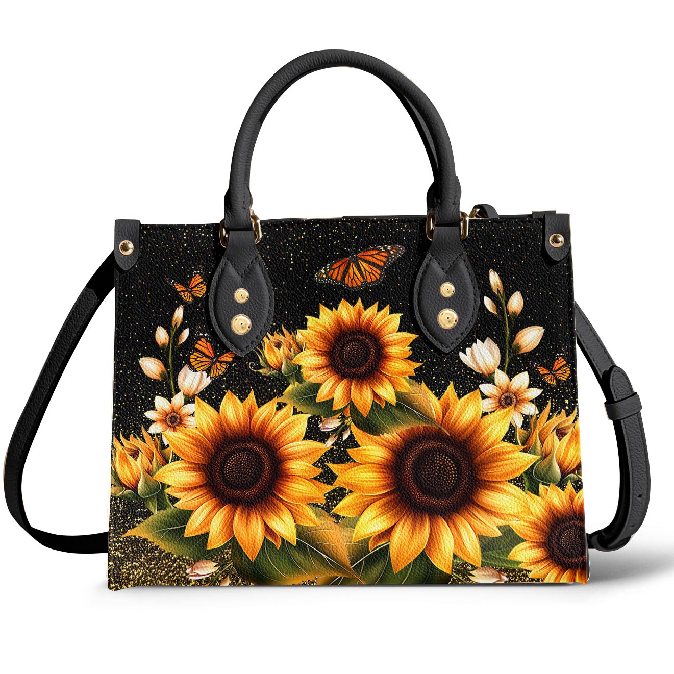 Leather Bag Golden Sunflower with Monarch Charm