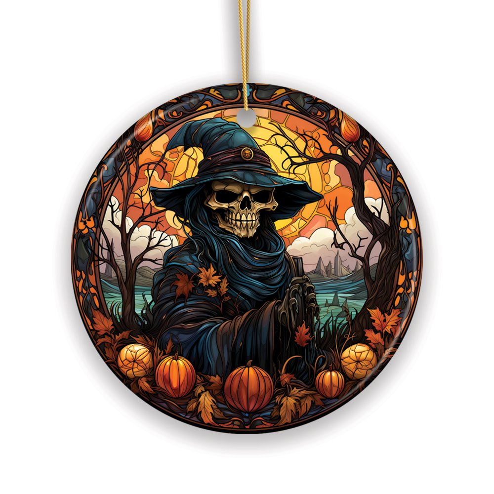 Bewitching Skeletal Sorcery Stained Glass Style Ceramic Ornament, Halloween Themed Christmas Gift and Decor