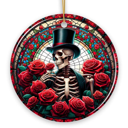 Elegant Bones Top-Hat Skeleton with Roses Stained Glass Style Ceramic Ornament, Halloween Themed Christmas Gift and Decor